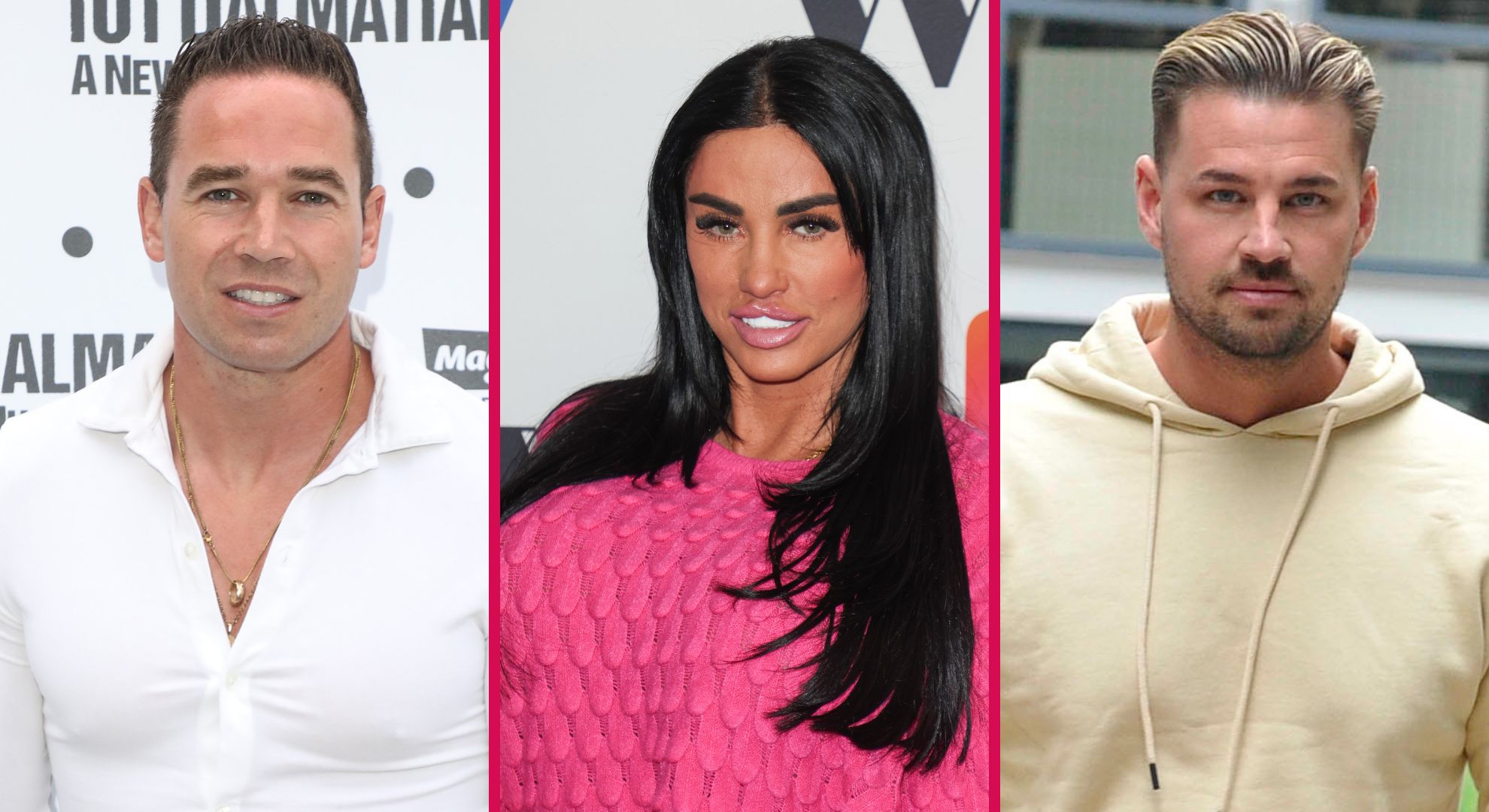 Katie Price with ex-husbands Peter Andre and Alex Reid—members of the group mounting legal action to block her Sky documentary