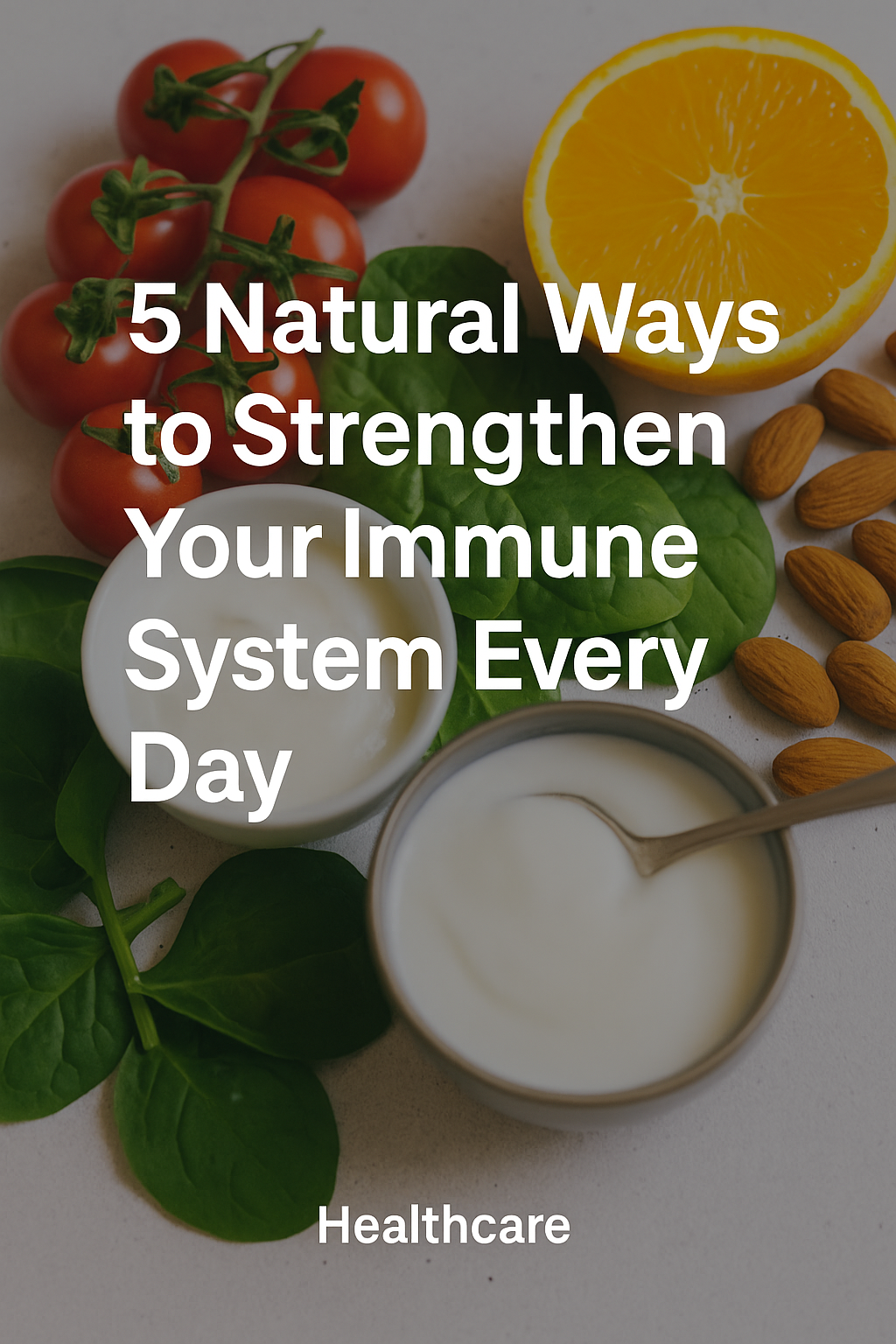 5 Natural Ways to Strengthen Your Immune System – healthy food, exercise, and lifestyle tips illustration.
