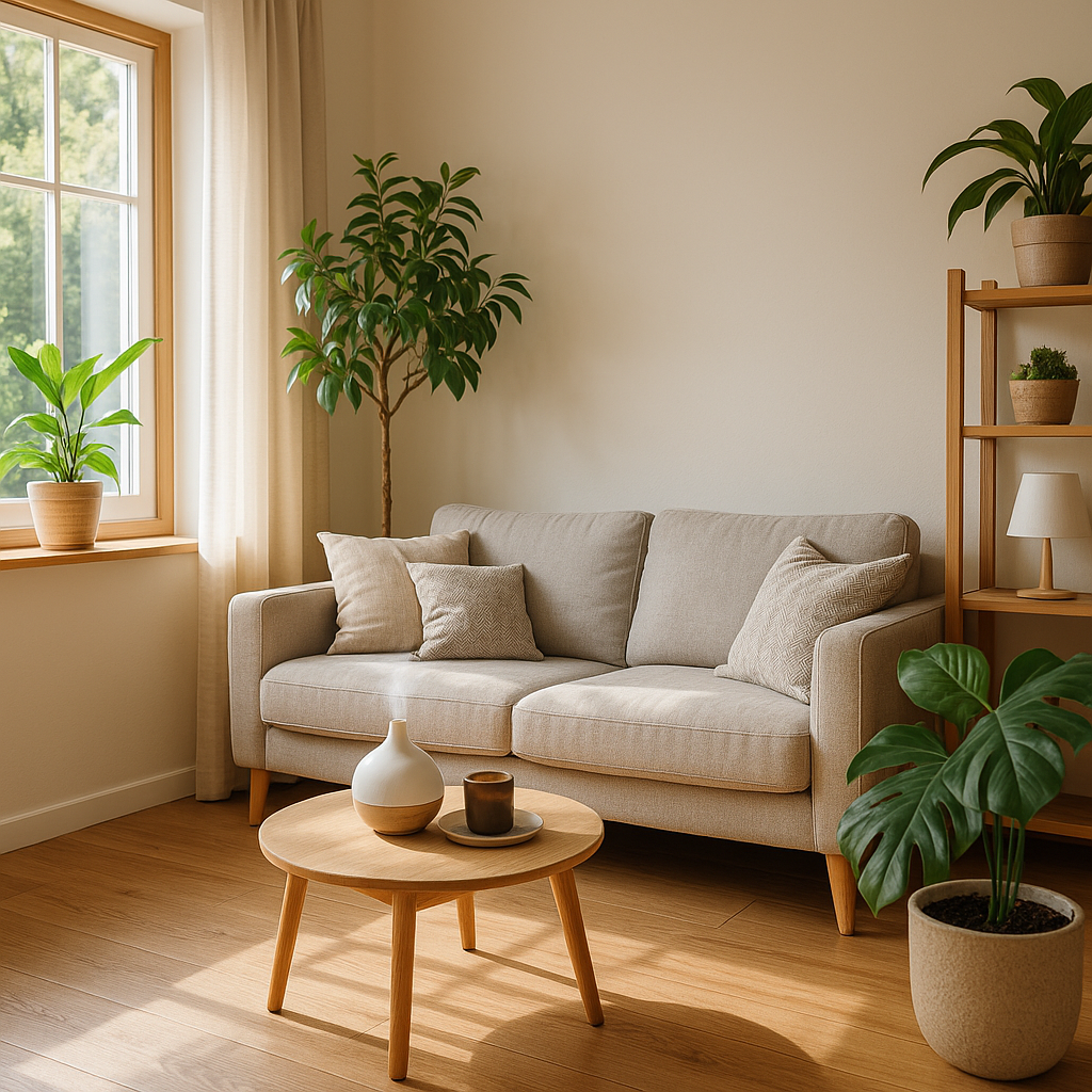 A bright and cozy living room with natural light, indoor plants, and a diffuser symbolizing home freshness.