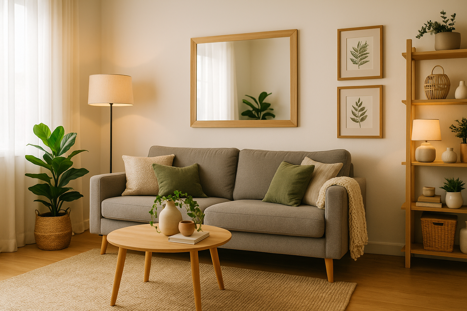 Bright and cozy living room with plants, mirrors, and soft lighting showing budget-friendly décor ideas.