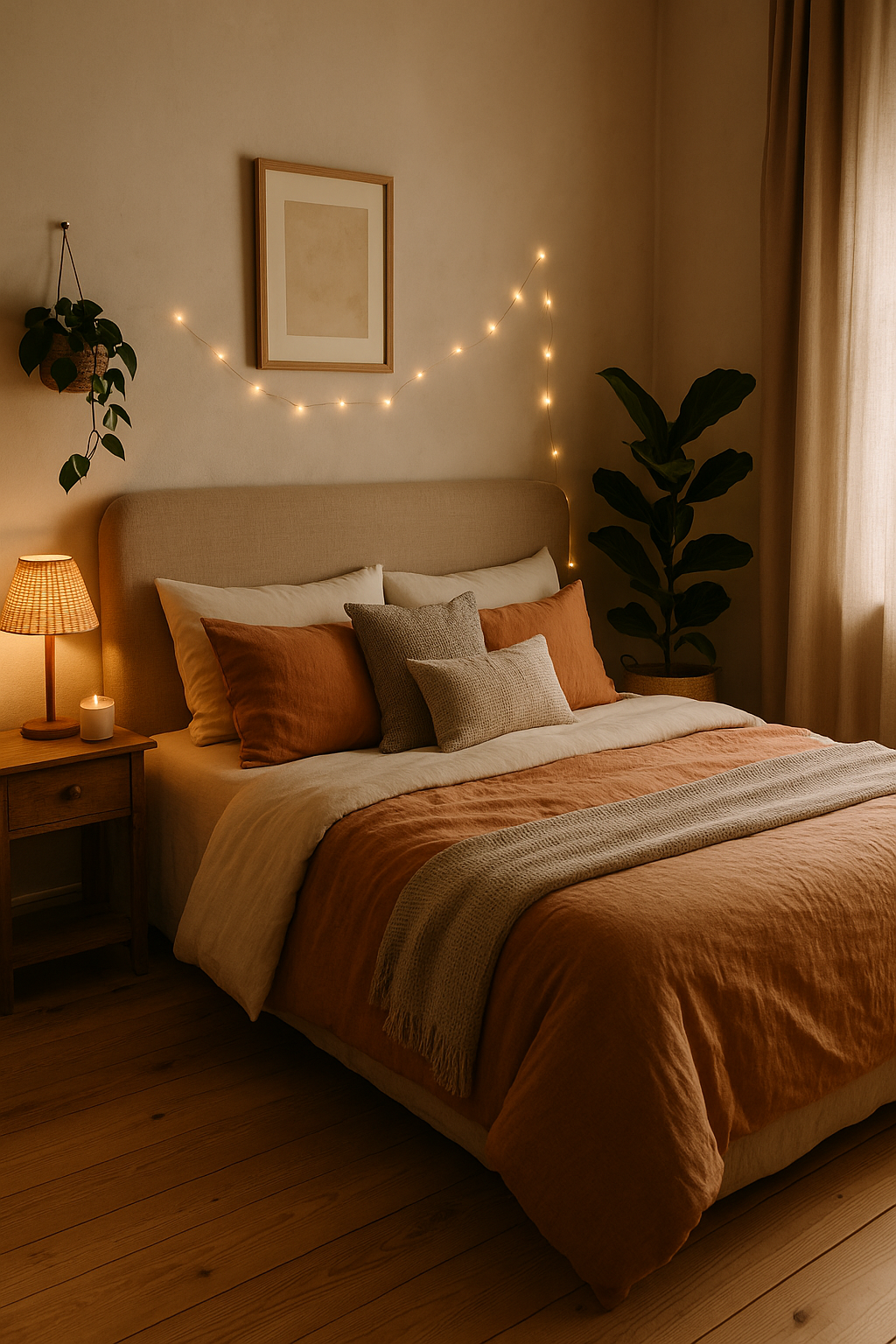A cozy and budget-friendly bedroom retreat with warm lighting, layered bedding, and plants.