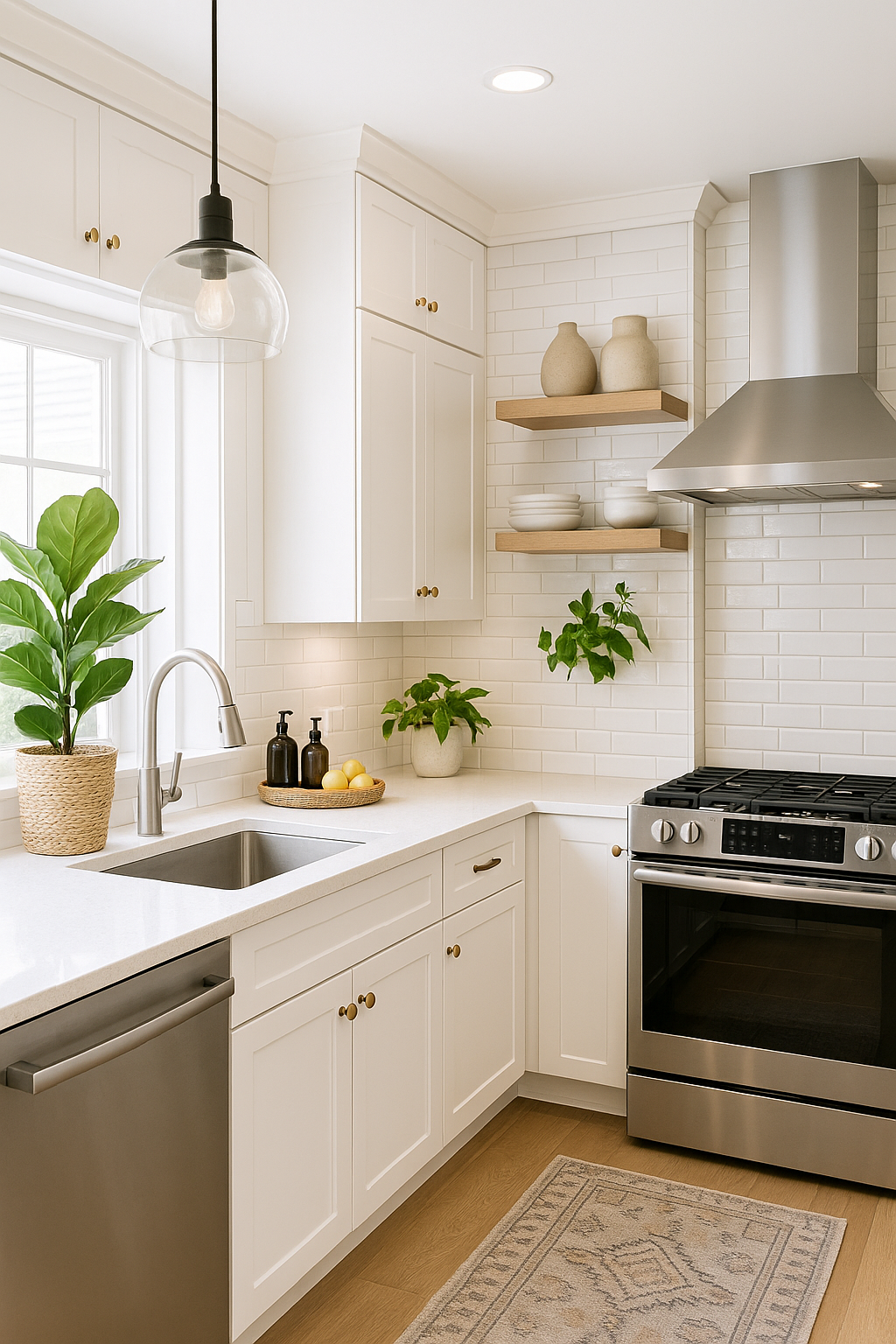 A modern, bright kitchen with plants, updated cabinet handles, backsplash tiles, and natural light representing a budget-friendly makeover.