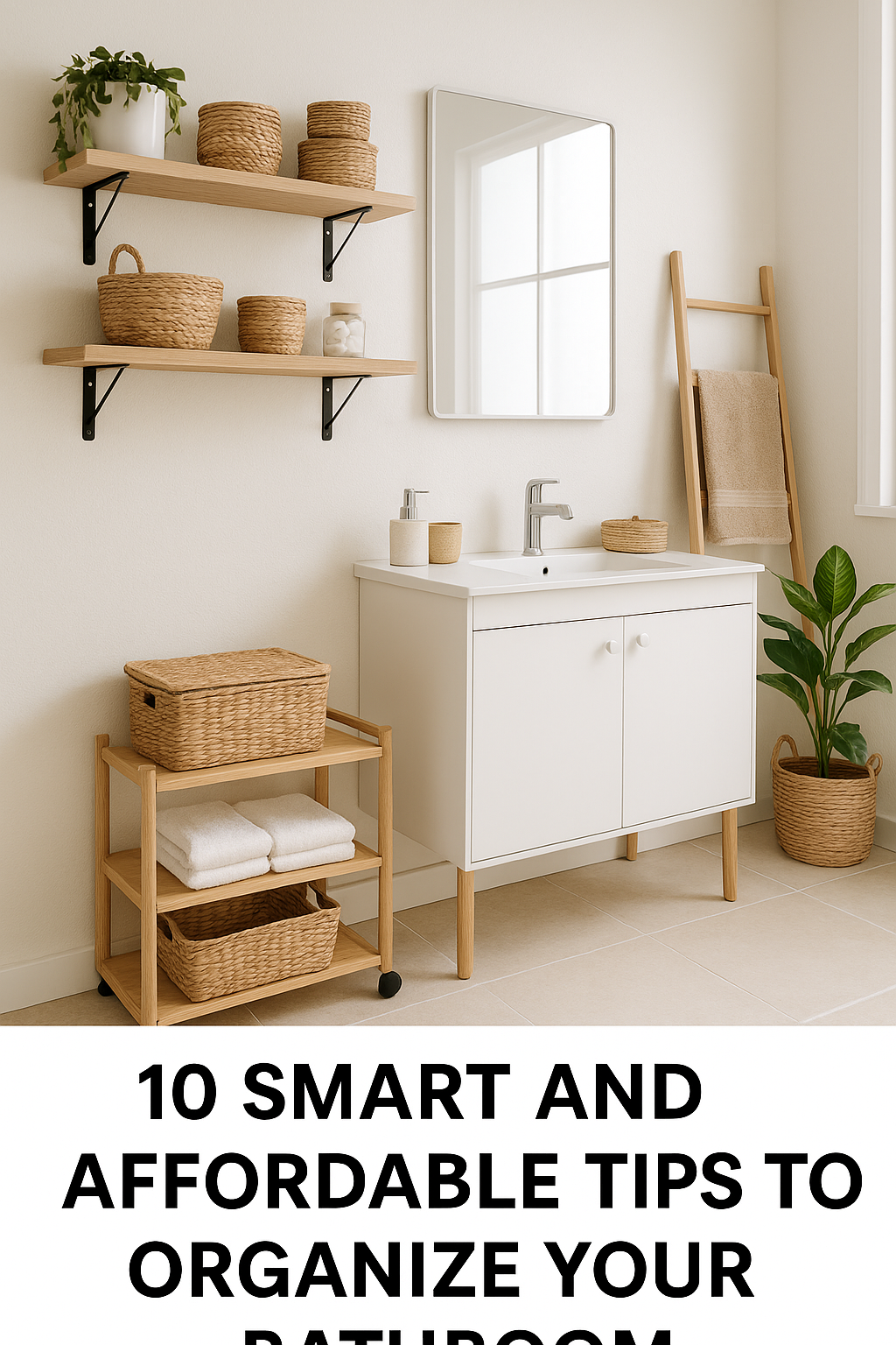 A bright and organized bathroom with floating shelves, woven baskets, a rolling cart, and indoor plants showing affordable storage solutions.