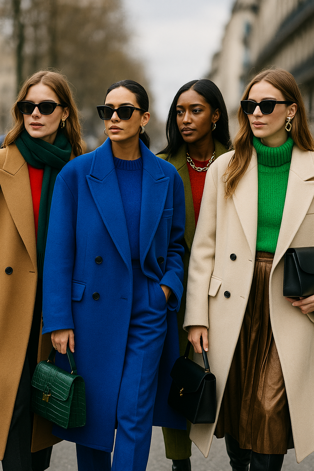 Fashion-forward women wearing Fall/Winter 2025 trends with oversized coats, bold colors, and statement accessories in a modern city setting
