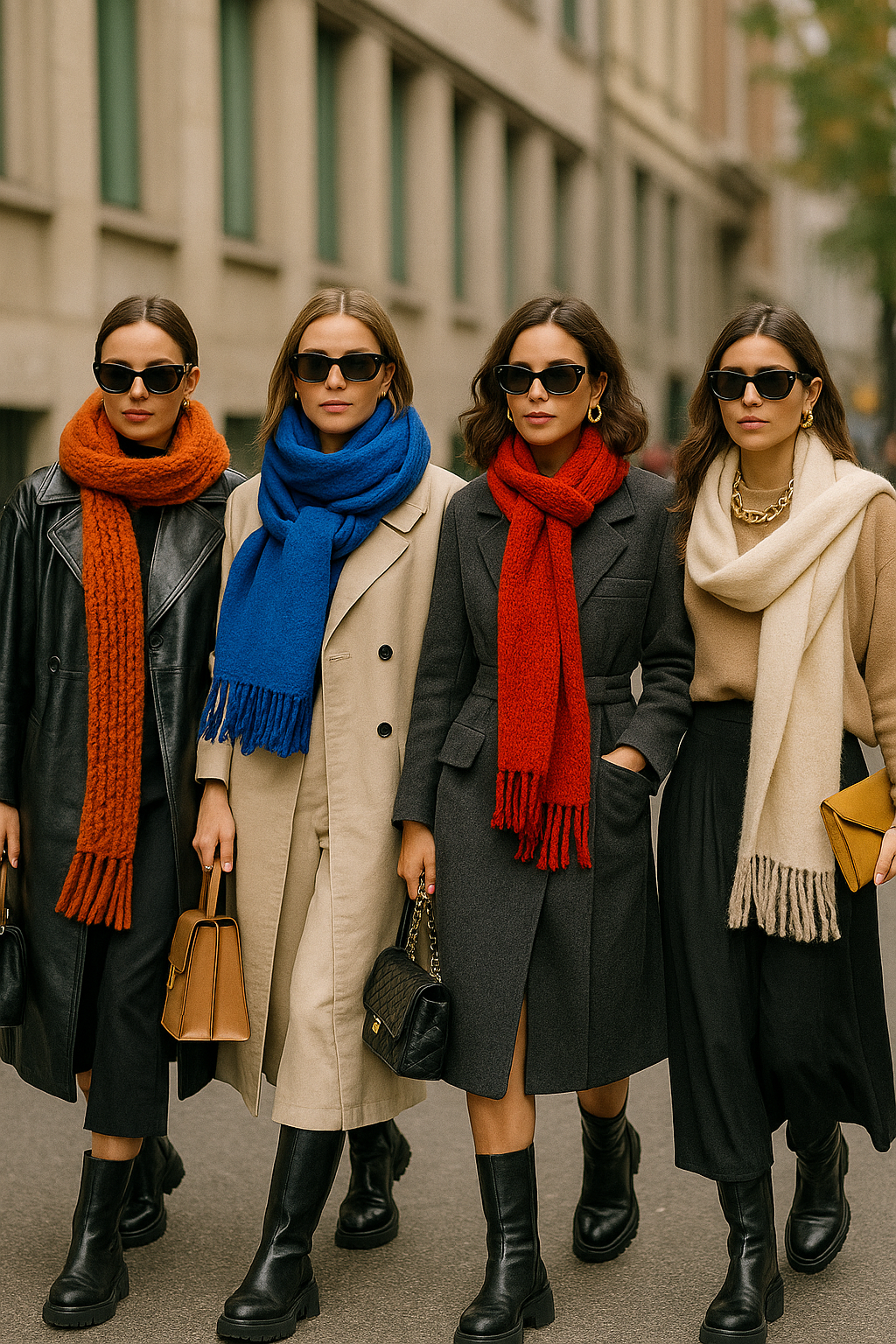 Fashionable women walking in a city street wearing oversized scarves, chunky boots, statement handbags, and retro sunglasses — representing 2025 accessory trends.