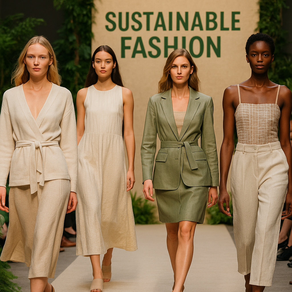 Models walking a runway in 2025 sustainable fashion show, wearing eco-friendly outfits made of organic cotton, recycled fabrics, and plant-based leather.