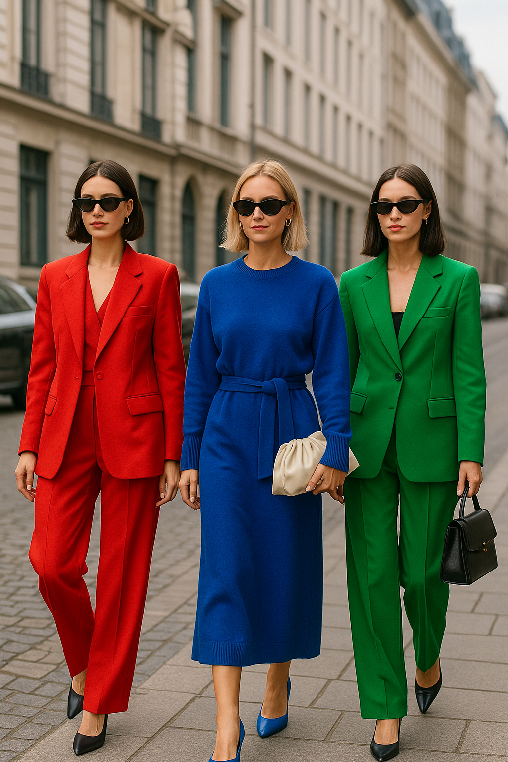 Three women in bold monochrome outfits — red, blue, and green — walking confidently in a modern city street, showcasing 2025 fashion trends with vibrant colors and neutral accessories.