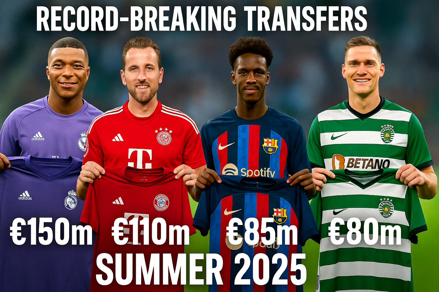 Digital collage of football’s biggest 2025 summer transfers featuring star players holding their new jerseys with record-breaking transfer fees highlighted.