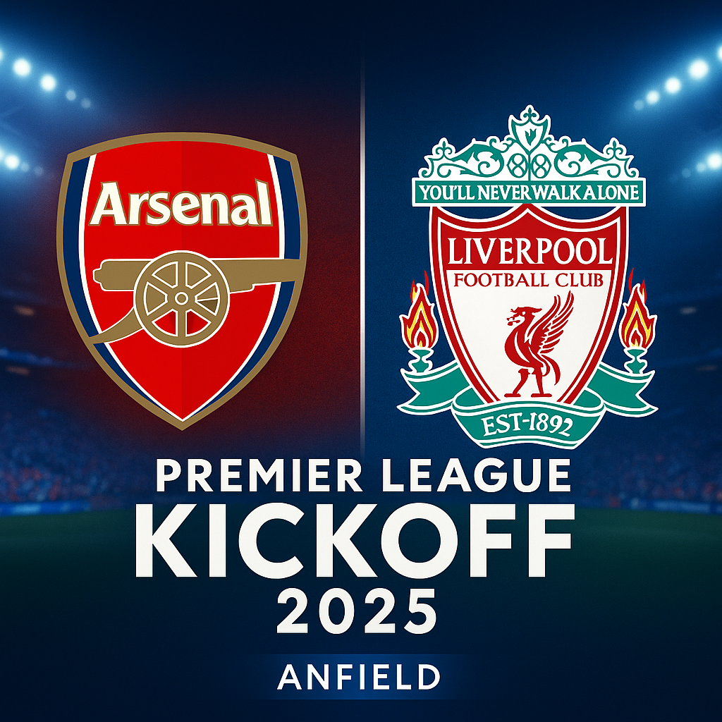 Promotional graphic for Arsenal vs Liverpool at Anfield, Premier League 2025 kickoff, featuring both team logos with stadium lights in the background.