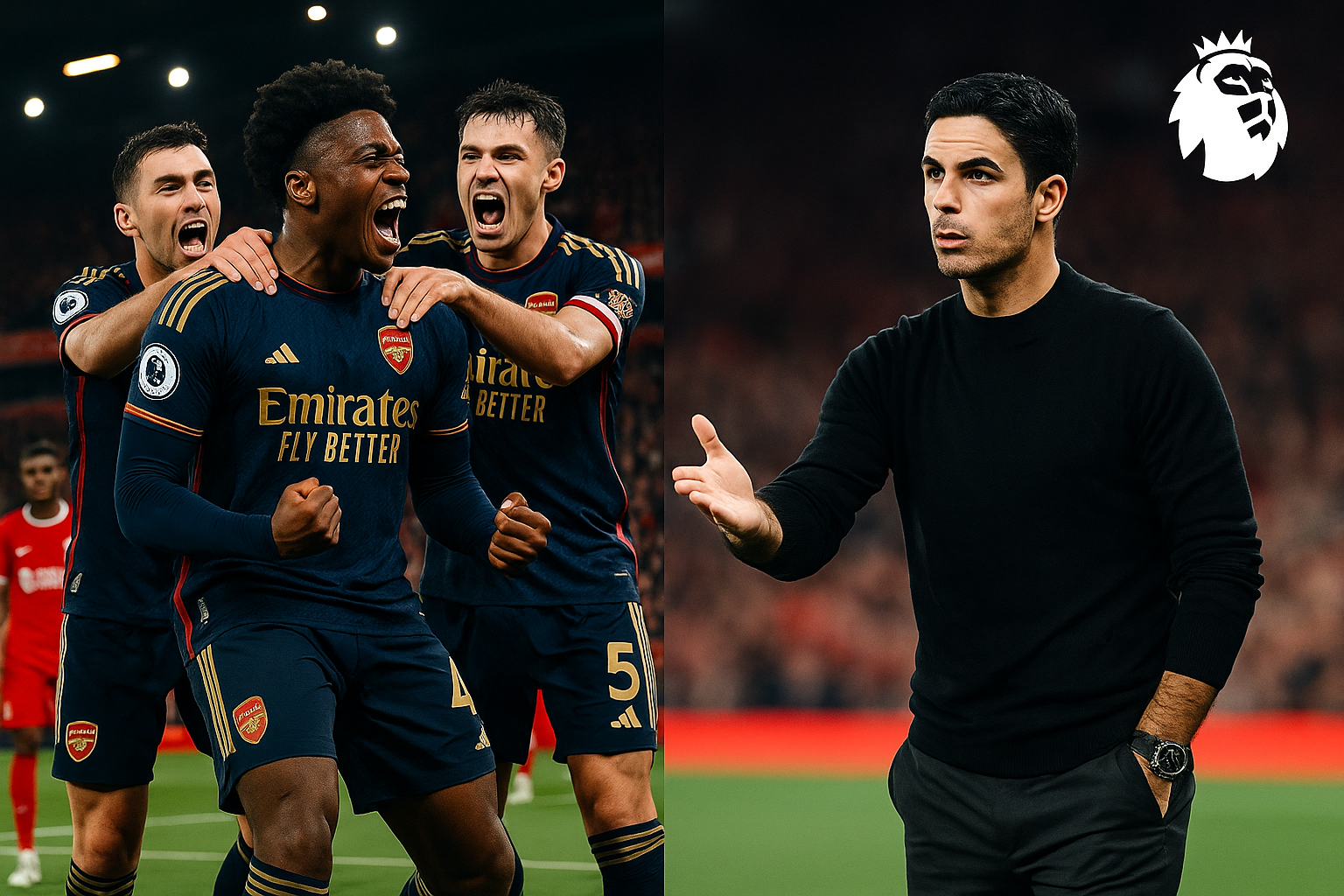 Arsenal players celebrating a goal on one side and Mikel Arteta giving tactical instructions on the sidelines, representing Arsenal’s momentum after the Liverpool opening clash.