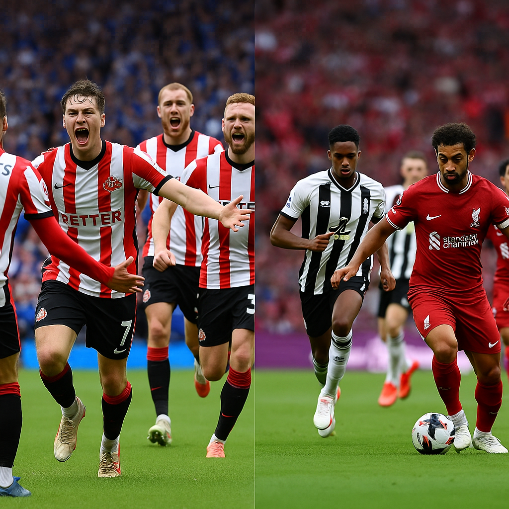 Sunderland players celebrating a goal in their Premier League opener, alongside Liverpool pushing forward in attack, capturing early season surprises in 2025/26.