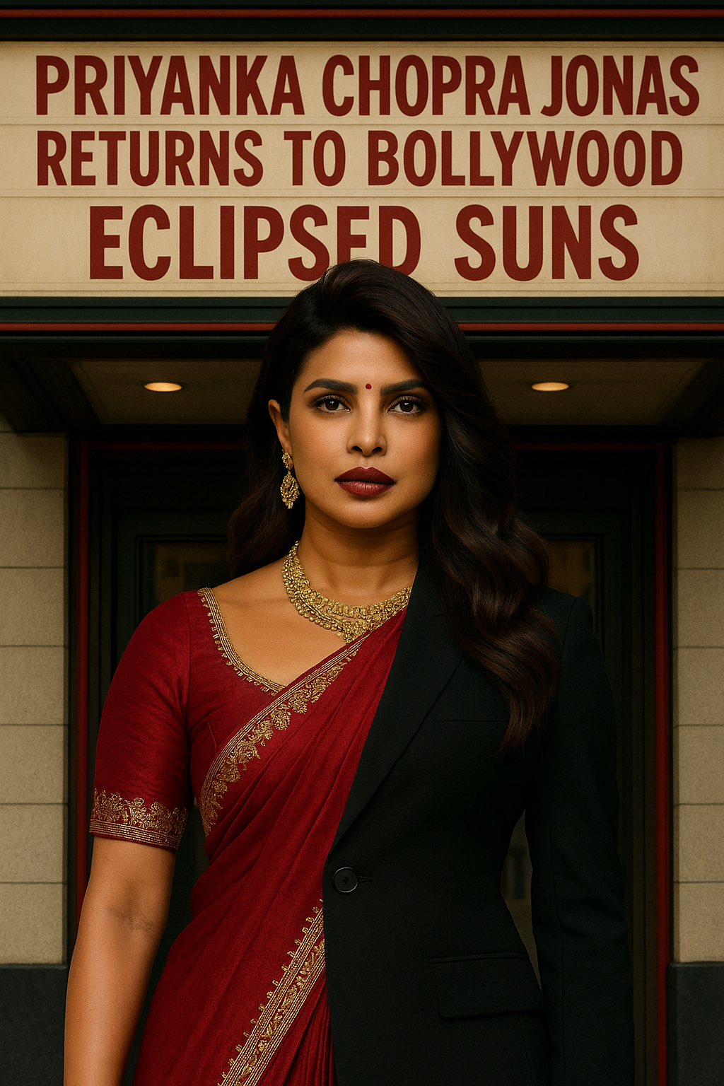 Priyanka Chopra Jonas in a fusion look—half traditional saree, half modern blazer—standing in front of a cinema marquee announcing her Bollywood comeback in 'Eclipsed Suns'.