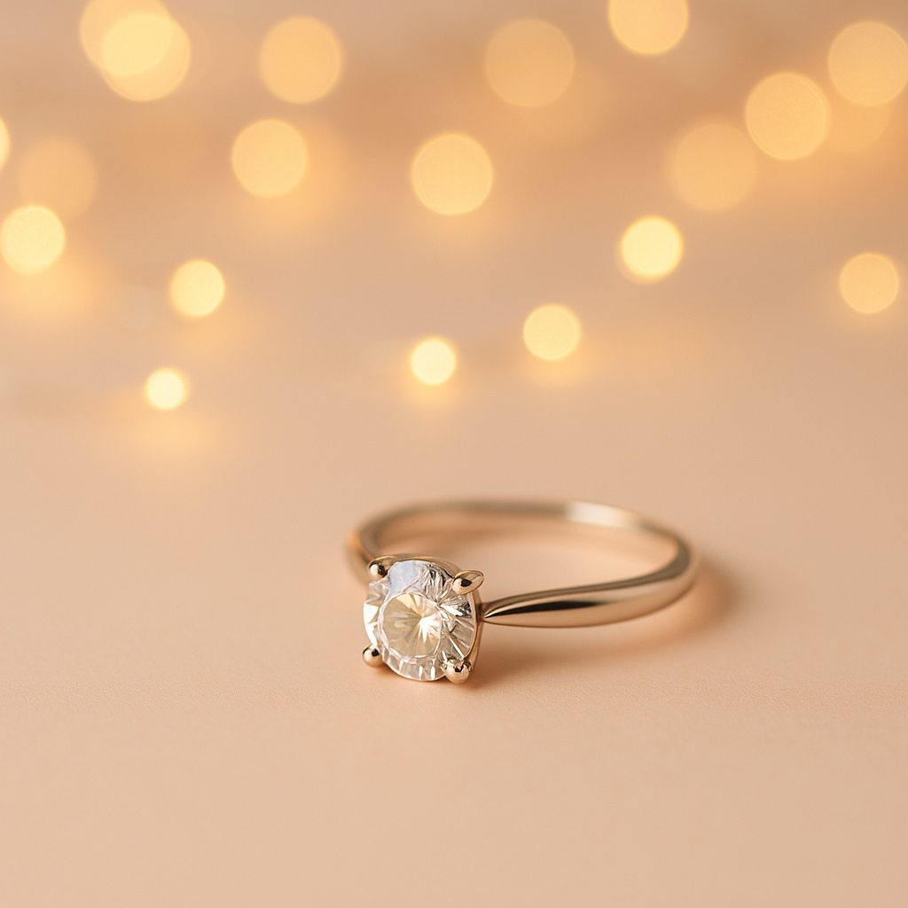 Close-up of a diamond engagement ring placed on a soft pastel background with golden glowing lights, symbolizing romance and celebration.