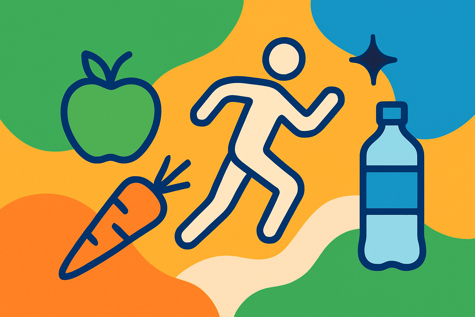 Flat vector illustration with symbols representing healthy living: an apple, carrot, water bottle, and a running figure, all placed around vibrant abstract shapes in green, blue, orange, and yellow.