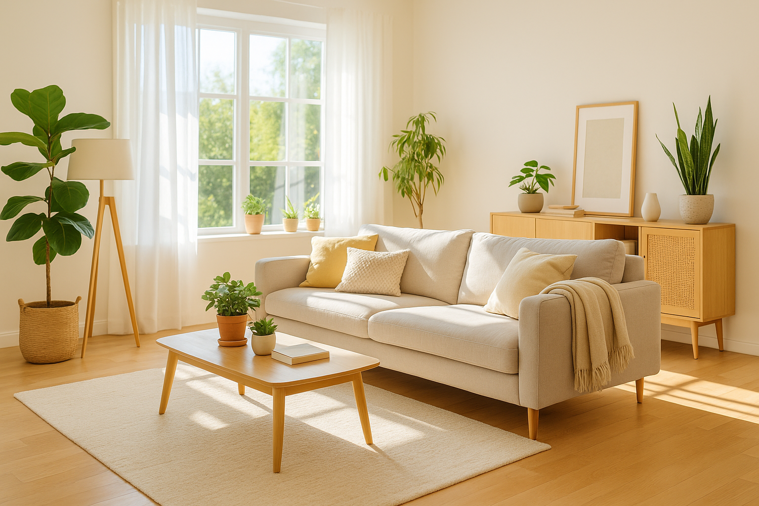 Bright and modern living room with natural light, indoor plants, and light-colored furniture creating a cozy and welcoming atmosphere.