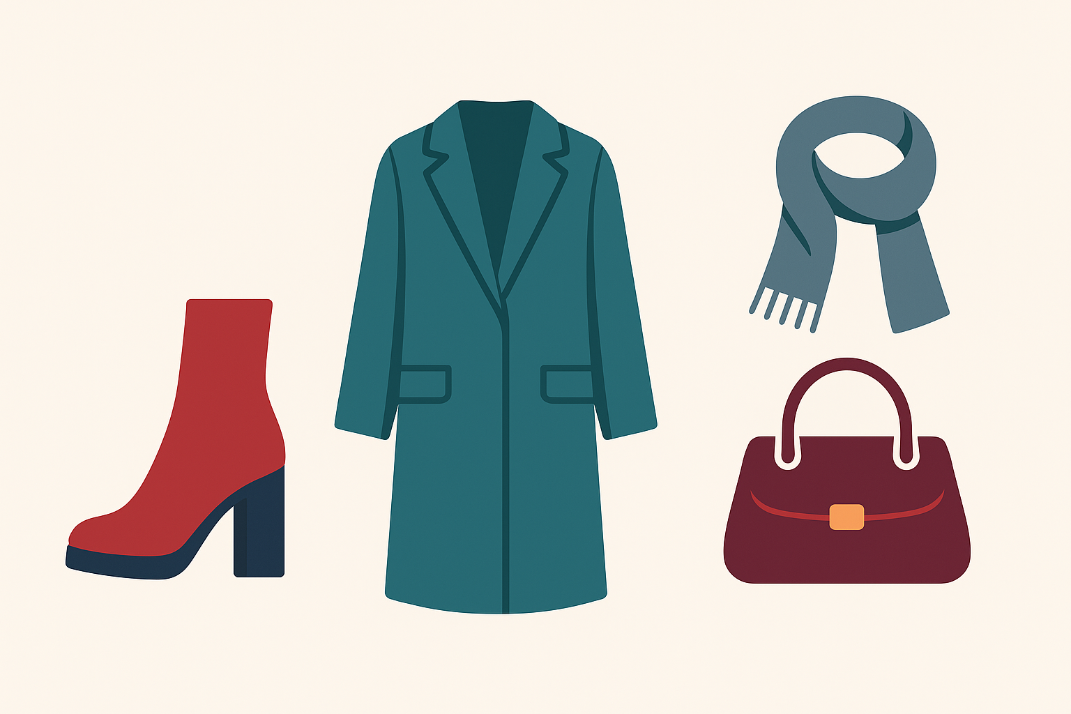 Flat-style digital vector illustration featuring a red ankle boot, teal oversized coat, gray knitted scarf, and maroon handbag on a neutral background, representing Fall/Winter fashion essentials.